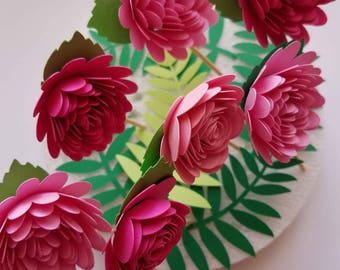 Set of 10 Pink Paper Flower Toppers w/Leaves, 3D Paper Flowers, Pink  Flower cake topper