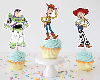 May include: Three cupcakes decorated with Toy Story characters. The cupcakes are topped with a blue frosting and have a yellow cupcake liner. The characters are Woody, Buzz Lightyear, and Jessie.