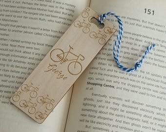 Personalised bookmark. Engraved wooden bookmark with bicycle cycling design L193 Book lover gift Christmas present