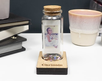 Personalised photo strip in a bottle with display plinth. Custom made photo gift. Vintage style photo booth prints. Message in a bottle L326