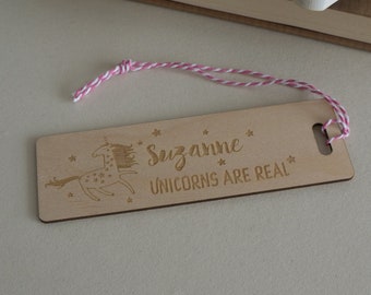 Personalised Childs bookmark. Engraved wooden bookmark with unicorns are real design L292