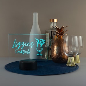 Custom light up cocktail bar sign. Personalised light up LED wireless home decoartion, drinks cart trolley. Barware accessory