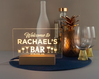 Personalised fathers day gift. Custom engraved light up LED home bar sign. Cocktails drinks trolley cart decoration. Custom pub lamp L40RA