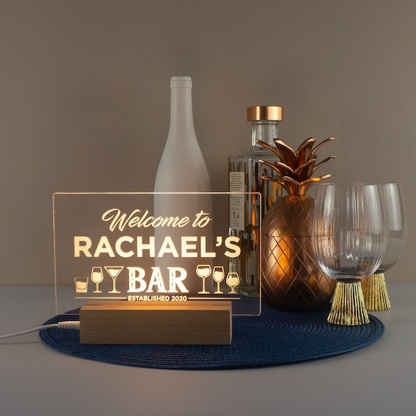 Cadeau personnalisé fête des pères. Enseigne de bar LED lumineuse personnalisée gravée pour la maison. Décoration de chariot à boissons pour cocktails. Lampe pub personnalisée L40RA