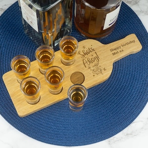 Personalised shot board and glasses. Custom engraved wooden serving paddle with 25ml shooter glasses. Home pub bar gift. Barware  L39