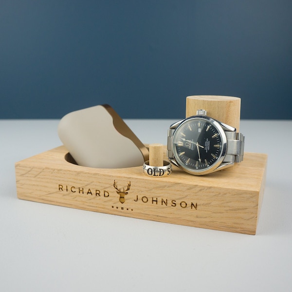 Personalised fathers day watch holder night stand. Custom engraved wooden jewellery, ring table tidy Valet bed side stand  L23