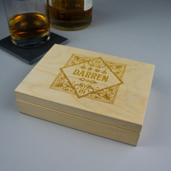 Playing card wooden storage box. Personalised play card box. Gift for poker players. Man cave gift. Card games L342