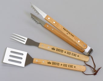 Personalised BBQ grill tool set. Valentines gift. Custom engraved wood handle barbecue cooking utensils fork tongs spatula L286