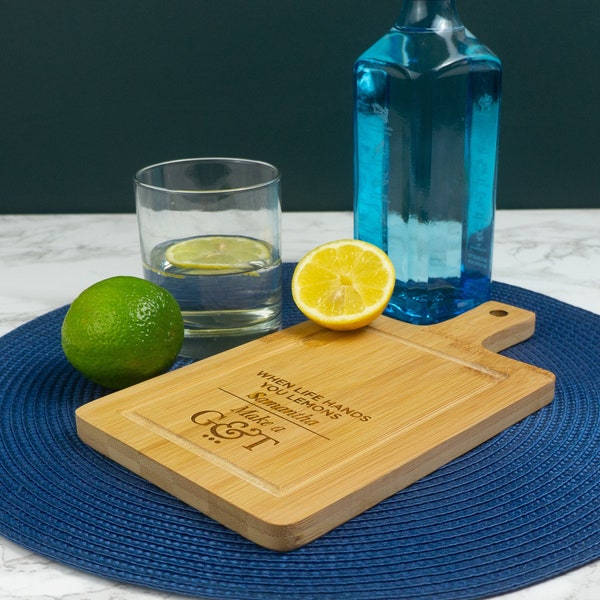 Personalised bamboo home bar chopping board. Custom engraved gin and tonic cutting board. Home pub drinking gift. House warming present L142