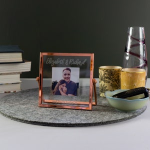 Personalised freestanding photo frame. Custom engraved small square glass & metal picture frame. Upload your own photo to be printed L111