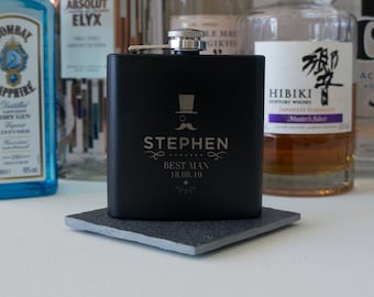 Personalised hip flask. Wedding best man grooms man gift. whiskey flask. Usher wedding gift. Engraved stainless steel 6oz flask L99