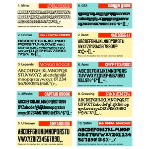 May include: A collection of ten different font styles, each with a unique name and design. The fonts are displayed in a grid format, with each font name and a sample of the alphabet and numbers. The fonts are all uppercase and include various symbols.
