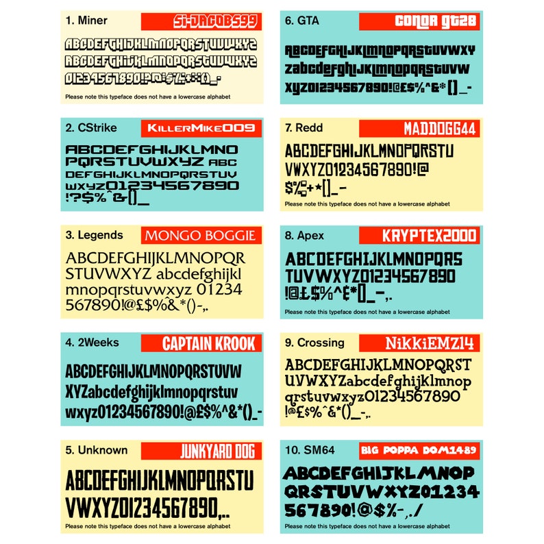 May include: A collection of ten different font styles, each with a unique name and design. The fonts are displayed in a grid format, with each font name and a sample of the alphabet and numbers. The fonts are all uppercase and include various symbols.