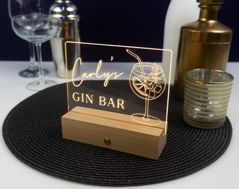 Insegna LED personalizzata per gin bar. Accessorio luminoso ricaricabile senza fili per bar. Per gli amanti del gin tonic. Regalo di inaugurazione della casa.