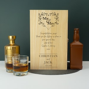 Custom Mr and Mr wedding gifting box. Personalised floral wreath champagne wine bottle wooden box Gay wedding keepsake LGBTQ+ L454GTL