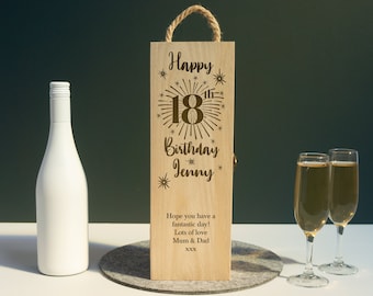 Personalised 18th Birthday Gift wooden wine bottle box Custom engraved gifting box for champagne Prosecco spirits keepsake milestone momento