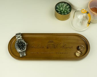 Housewarming gift. Personalised acacia wood hallway tray. New home moving present. Wooden tray for newly weds