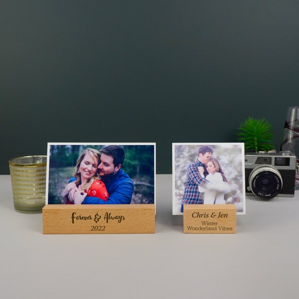 Custom engraved wooden photo block display stands. Personalised photograph holder presentation plinth plaque Instant photo holder L252