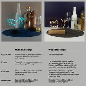 May include: Two acrylic signs with a cocktail glass design. The sign on the left says "Lizzies Cocktails" in white text with a blue and green cocktail glass. The sign on the right says "Dad's Cocktails" in gold text with a yellow and orange cocktail glass. Both signs are illuminated.