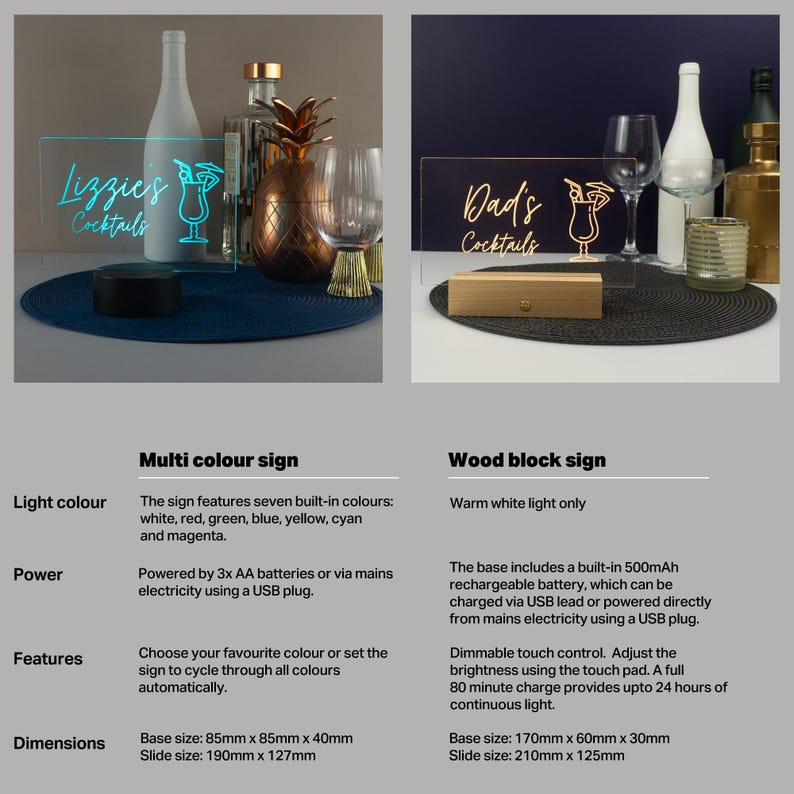 May include: Two acrylic signs with a cocktail glass design. The sign on the left says "Lizzies Cocktails" in white text with a blue and green cocktail glass. The sign on the right says "Dad's Cocktails" in gold text with a yellow and orange cocktail glass. Both signs are illuminated.