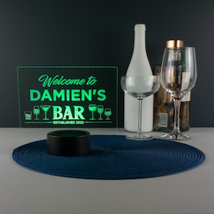 Personalised home bar sign. Custom light up LED name plaque. Rechargeable wireless light. New home present Fathers Day Gift