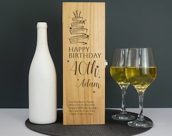 Personalised 40th birthday wooden wine bottle box. Custom engraved gifting box for champagne Prosecco spirits keepsake drinking gift L450-40