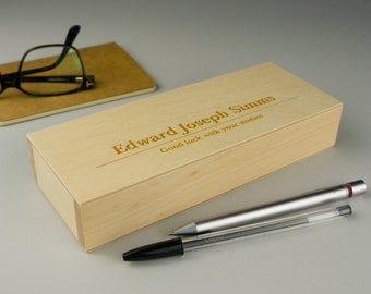 Personalised wooden pen box. Engraved beech wood pen and pencil case. Mothers day. L78