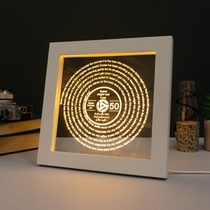 Personalised 50th Birthday Gift. LED artwork retro vinyl record with favourite song lyrics. Light up illuminated sign. Milestone present