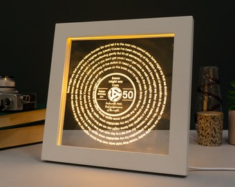 Personalised 50th Birthday Gift. LED artwork retro vinyl record with favourite song lyrics. Light up illuminated sign. Milestone present