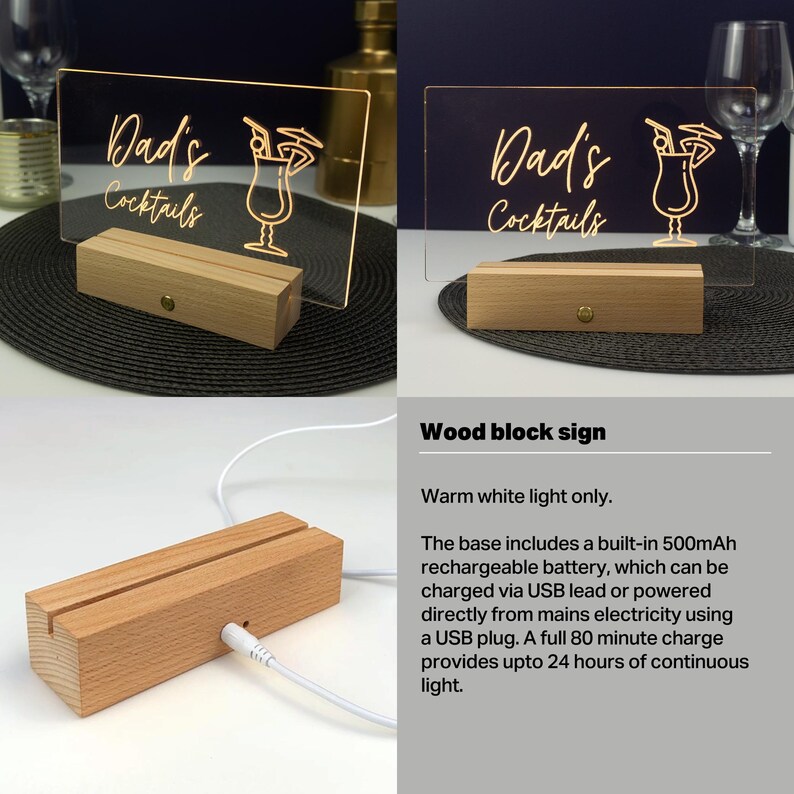 May include: A wooden sign with a warm white light illuminates the text "Dad's Cocktails" and a cocktail glass icon. The sign is powered by a rechargeable battery and can be charged via USB.