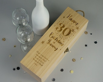 30TH Birthday wine bottle box. Personalize wooden champagne  case. Custom wooden box. Celebration birthday presentation box L359