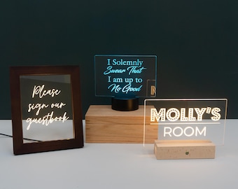 Personalised LED name sign. Custom engraved light up name plaque. Fathers day gift Night light lamp Custom quote text freestanding sign L135