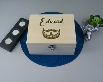 Wooden beard accessory storage box. Mens beard grooming personalised storage chest. Unique men's present L350