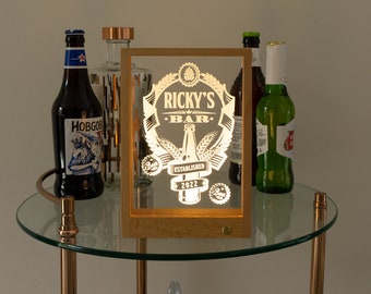 Personalised wireless craft beer pub light up LED sign. Custom made light wooden frame artwork. drinks trolley decoration L411