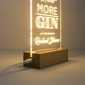 Personalised 'Drink more gin' light up LED bar sign. Custom engraved neon drinks trolley home pub bar sign. Gift for gin lovers D08 image 2