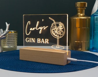 Personalised gin bar sign. Custom engraved light up LED light. Home bar drinks trollet decoartion. G & T lovers gift. House warming L426