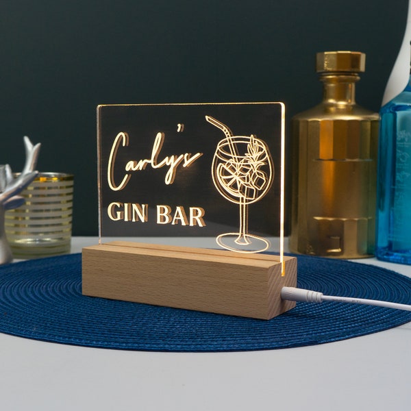 Personalised gin bar sign. Custom engraved light up LED light. Home bar drinks trollet decoartion. G & T lovers gift. House warming L426