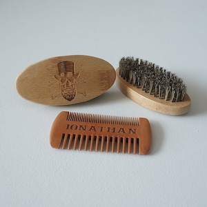 Beard and moustache comb brush. Personalize mens grooming kit. Wooden soft brush kit. Unique birthday present L362