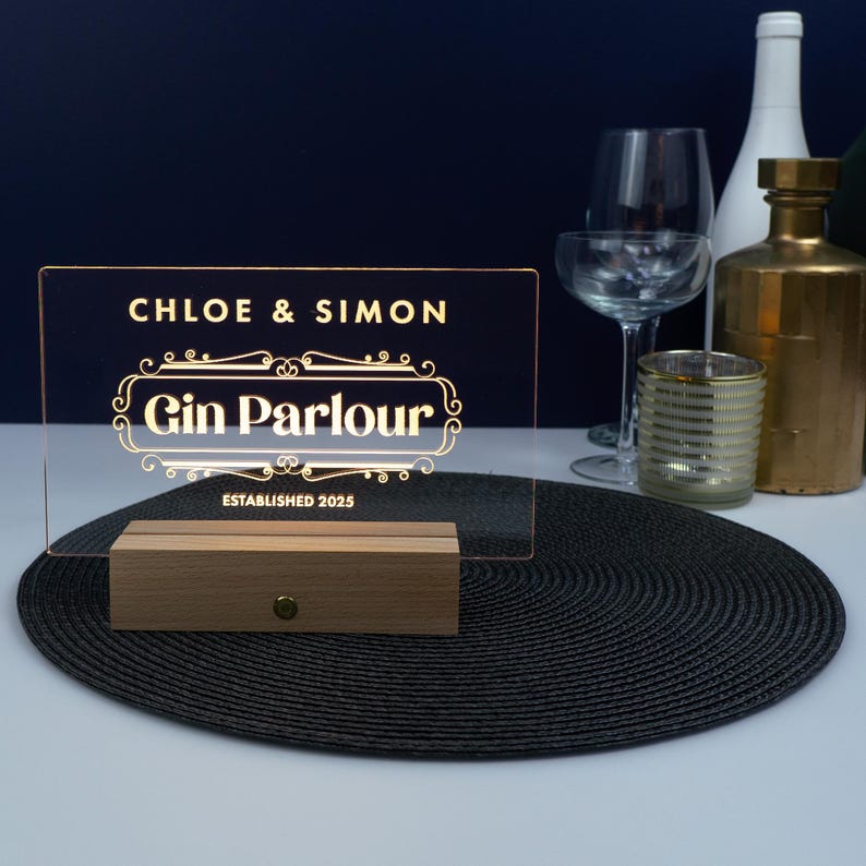 Personalised home gin bar LED sign. Custom light up LED home bar pub decoration. Drinks cart trolley decor . Fathers day gift Wooden Block
