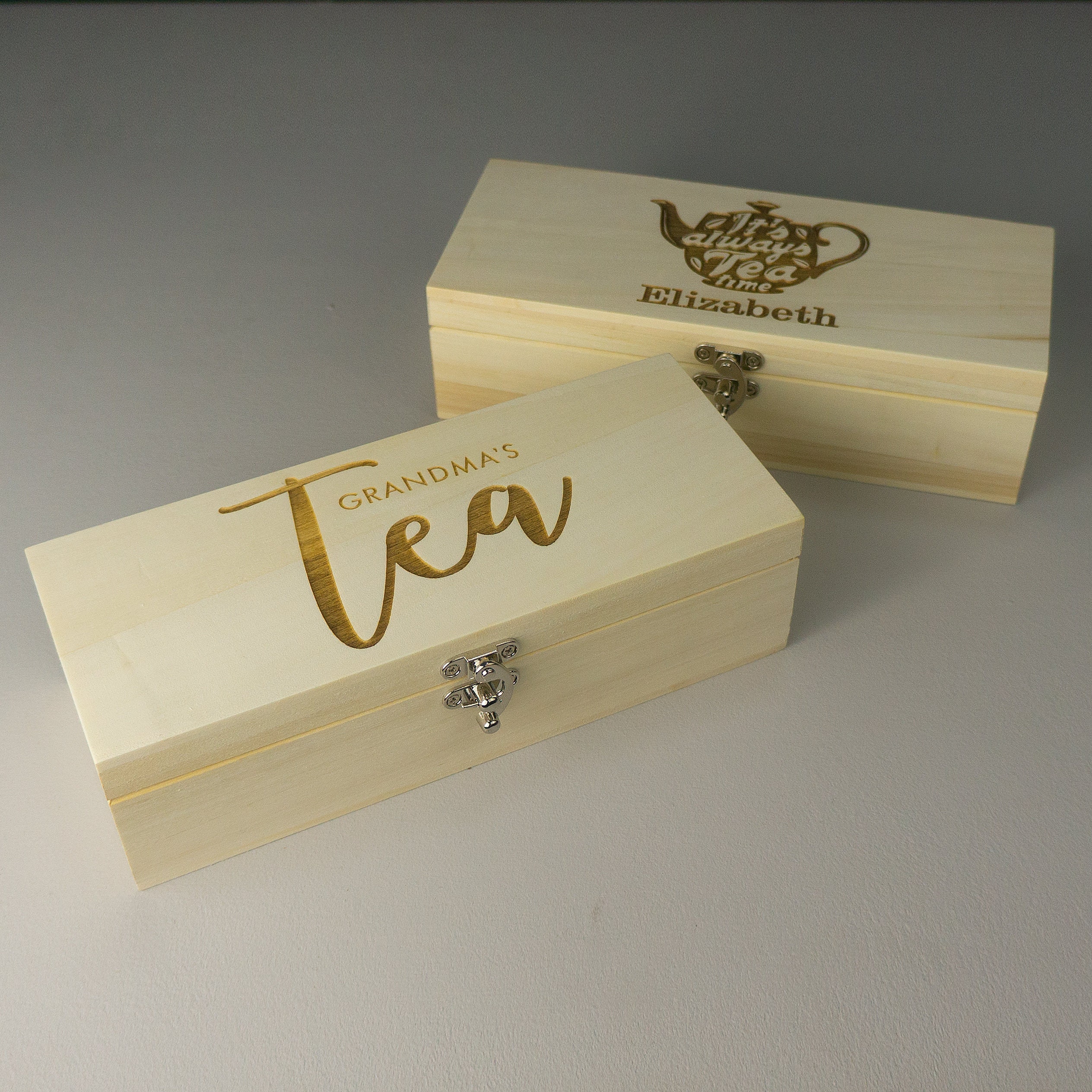 Personalised tea box. Engraved wooden tea caddy storage box. Etsy