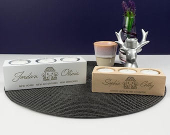 Personalised house warming gifts. Engraved candle holder. New home moving in present. Wooden tealight display centre piece.