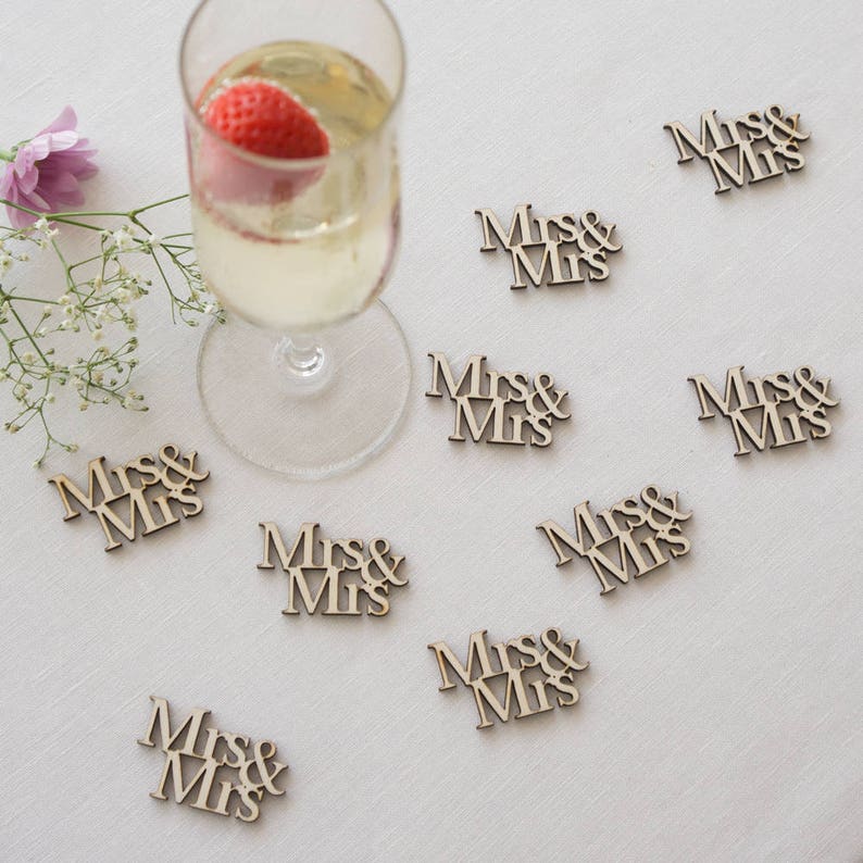 Mrs & Mrs lesbian wedding table confetti. 40x rustic wooden scatter cut out text decorations. Gay wedding Civil Partnership LGBTQ L73 image 3