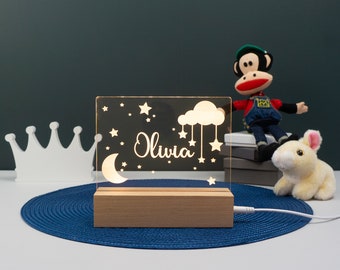 Veilleuse personnalisée lune et étoile. Panneau de nom de lit à LED gravé sur mesure. Décoration de salle de jeux de chambre à coucher. Veilleuse à intensité variable L424