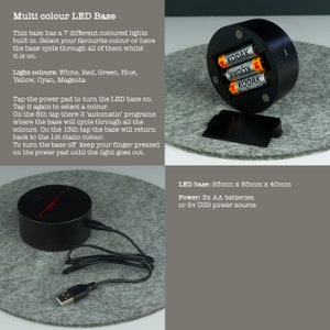 May include: A black round LED base with a touch-sensitive power pad. The base has seven different coloured lights: white, red, green, blue, yellow, cyan, and magenta. The base is 85mm x 85mm x 40mm and can be powered by three AA batteries or a 5v USB power source.