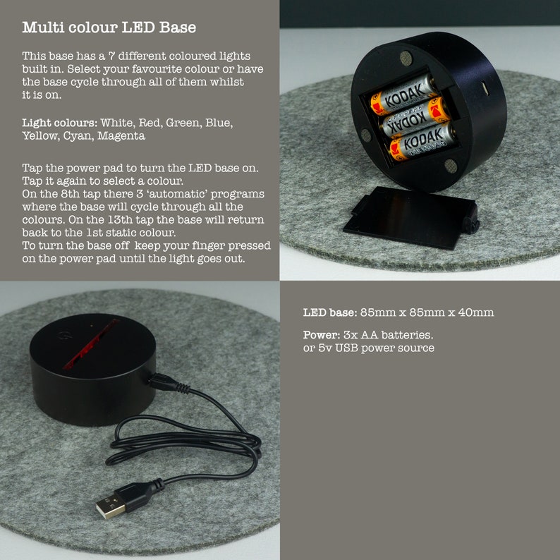May include: A black round LED base with a touch-sensitive power pad. The base has seven different coloured lights: white, red, green, blue, yellow, cyan, and magenta. The base is 85mm x 85mm x 40mm and can be powered by three AA batteries or a 5v USB power source.