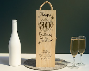 Personalised 30th Birthday Gift wooden wine box. Custom engraved gifting box for champagne Prosecco spirits. keepsake bottle chest  L359-30
