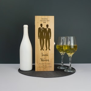 Custom gay marriage champagne bottle wooden gift box. Personalised Mr and Mr civil partnership wedding day keepsake box LGBTQ+ L455GV
