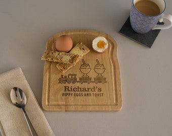 Children train set wooden egg and toast board. Personalised breakfast egg cup board gift L095. Back to School