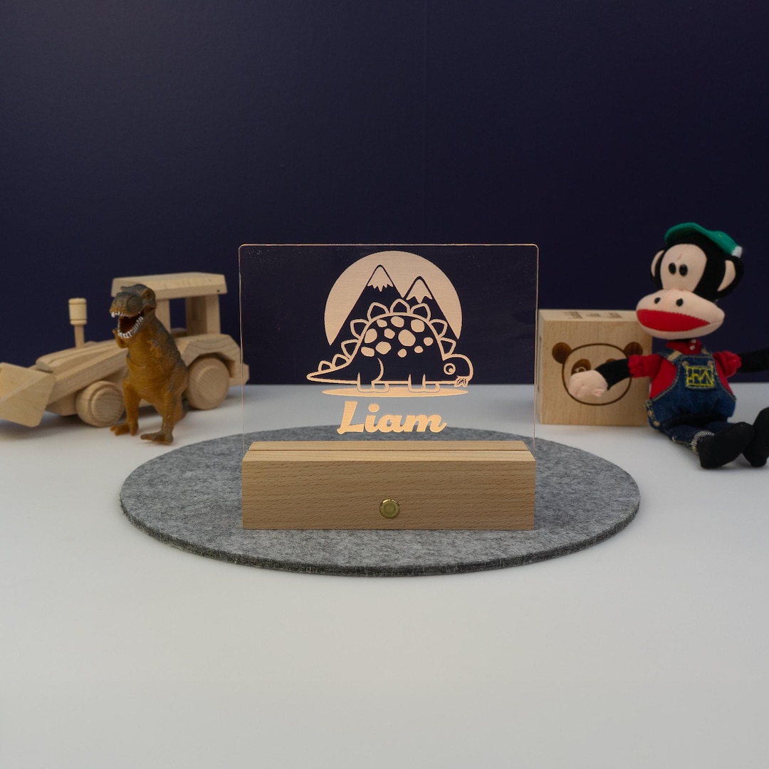 Light up Bedroom Name Plaque. Personalise LED Sign Custom Dinosaur Bed