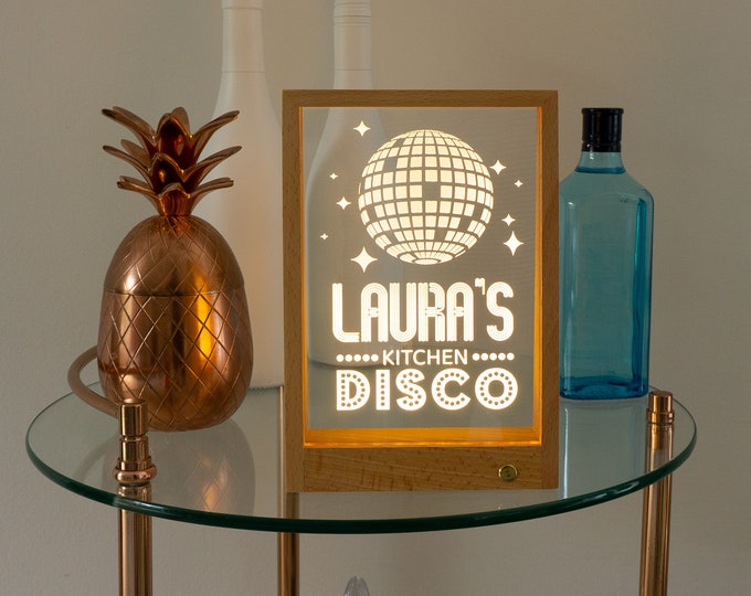 Custom made kitchen disco light. Personalised wireless light up LED sign name plaque. Home decor bar accessory Fathers day gift L410